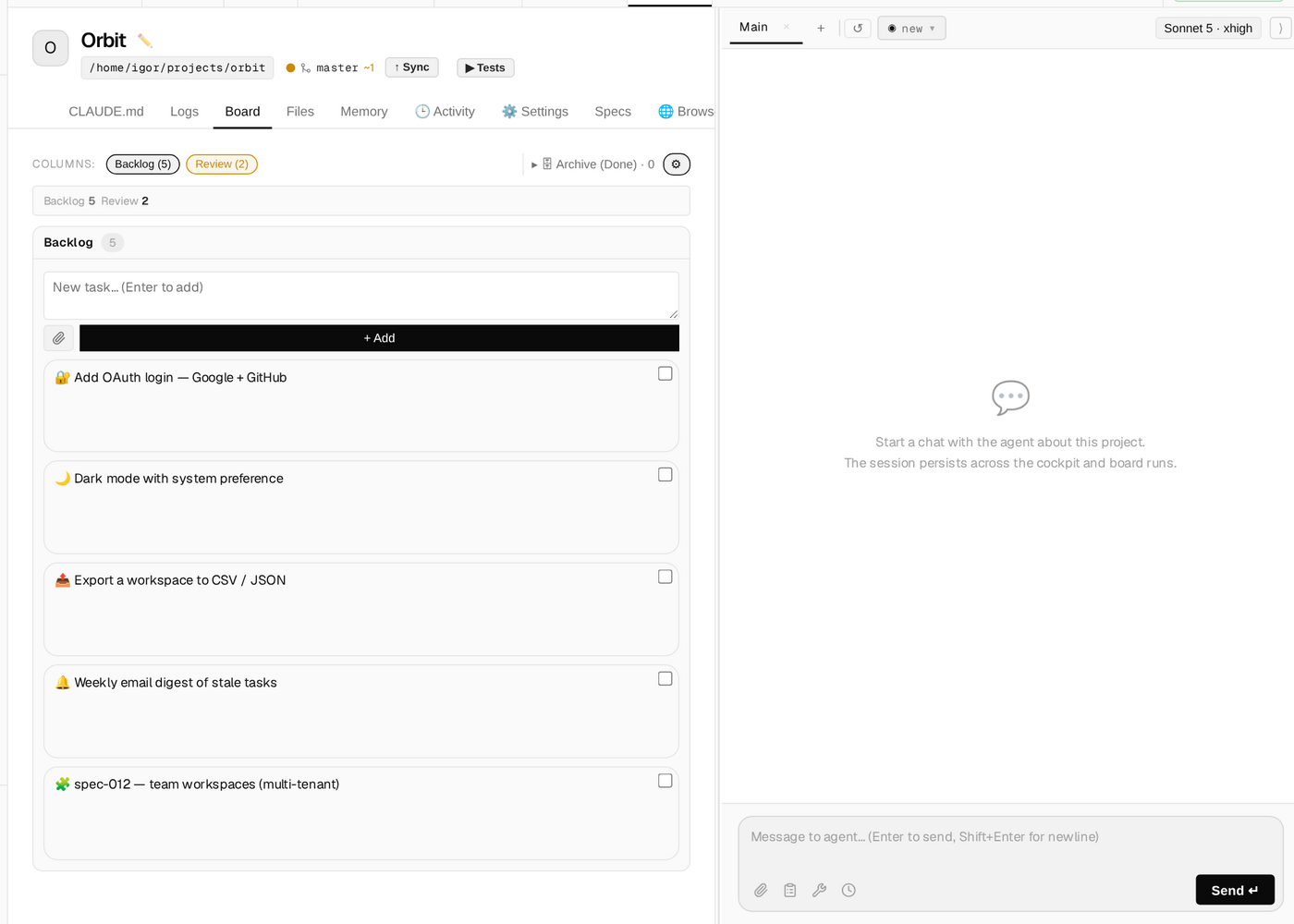 The Cardloop cockpit: a kanban board beside a live agent chat