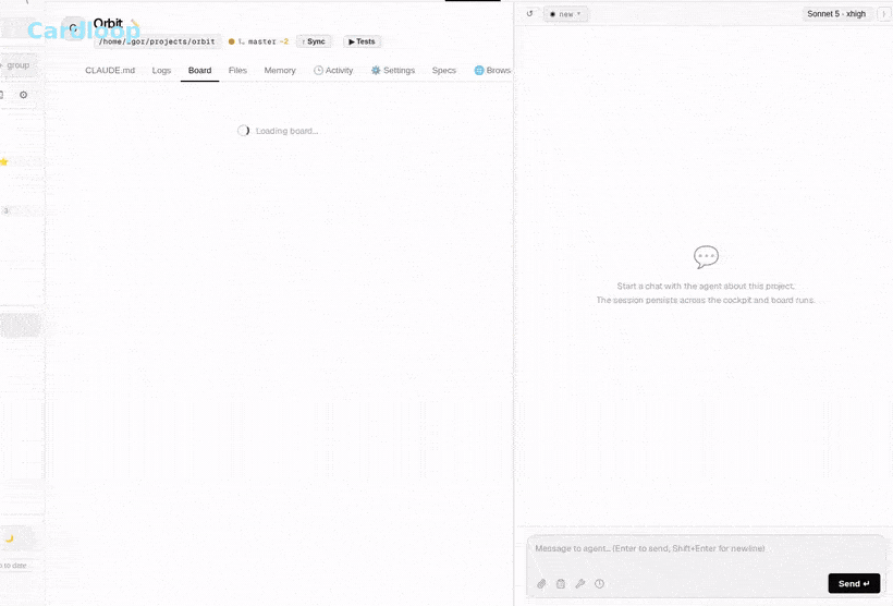 Cardloop cockpit demo: dropping a kanban card triggers a Claude agent that writes, diffs, and commits code live